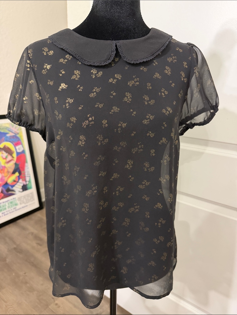 Vera Wang Black Sheer Blouse with Metallic Gold Floral Motif